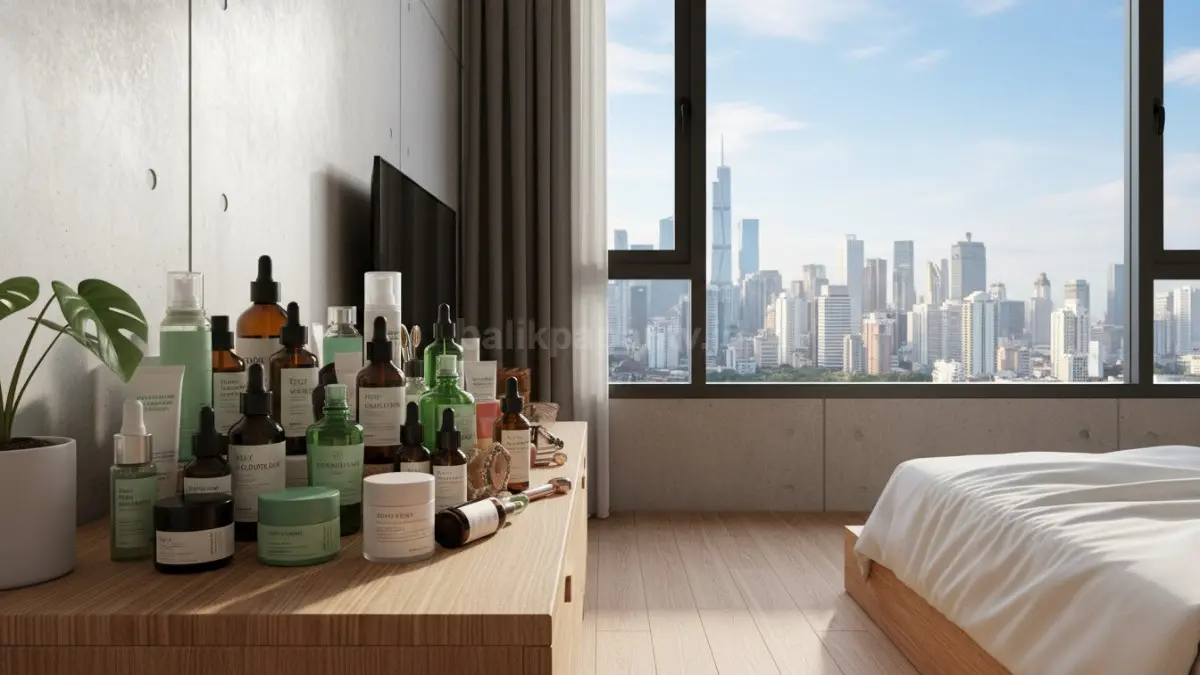 Sudut meja skincare penuh botol yang membuat kamar terlihat sesak dan ramai
