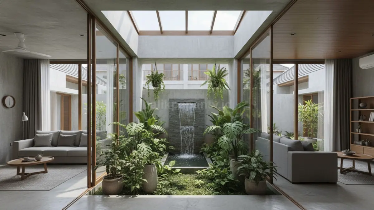 Taman indoor kecil di tengah rumah minimalis modern kawasan perkotaan Indonesia. (BTV/Ai)