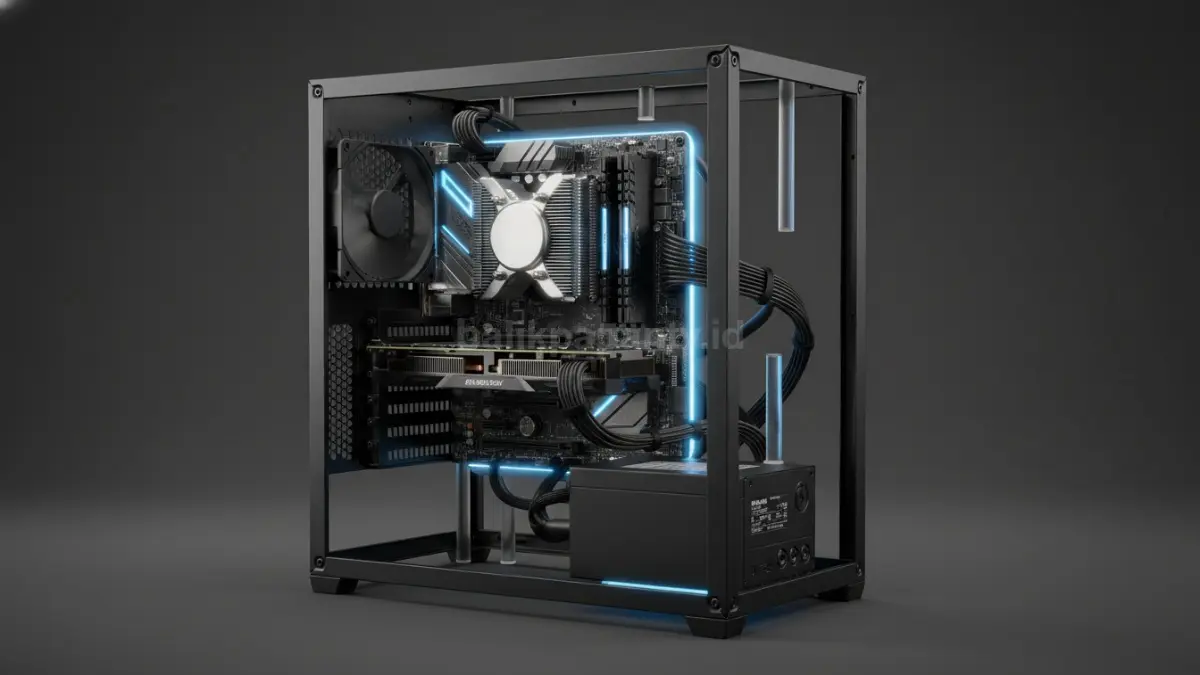 Tampilan minimalis PC rakitan murah 2026 dengan konsep tanpa casing yang ramai dibahas pecinta hardware. (BTV/Ai)