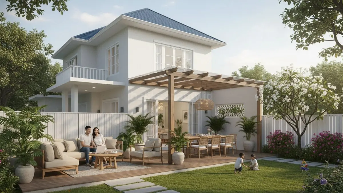 Teras dan taman kecil dimanfaatkan sebagai ruang santai yang membuat rumah terasa nyaman dan hidup. (BTV/AI)