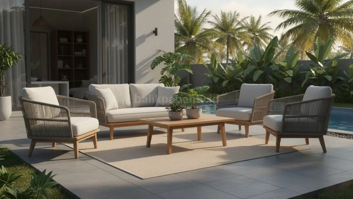 Teras tropis nyaman dengan furnitur outdoor modern 2026: minimalis, fungsional, estetis, dan tahan cuaca. (BTV/AI)