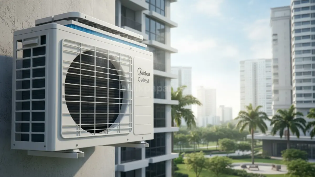 Unit outdoor AC Midea Celest dengan fitur Auto-Dusting untuk membantu mengurangi debu menempel. (BTV/Ai)