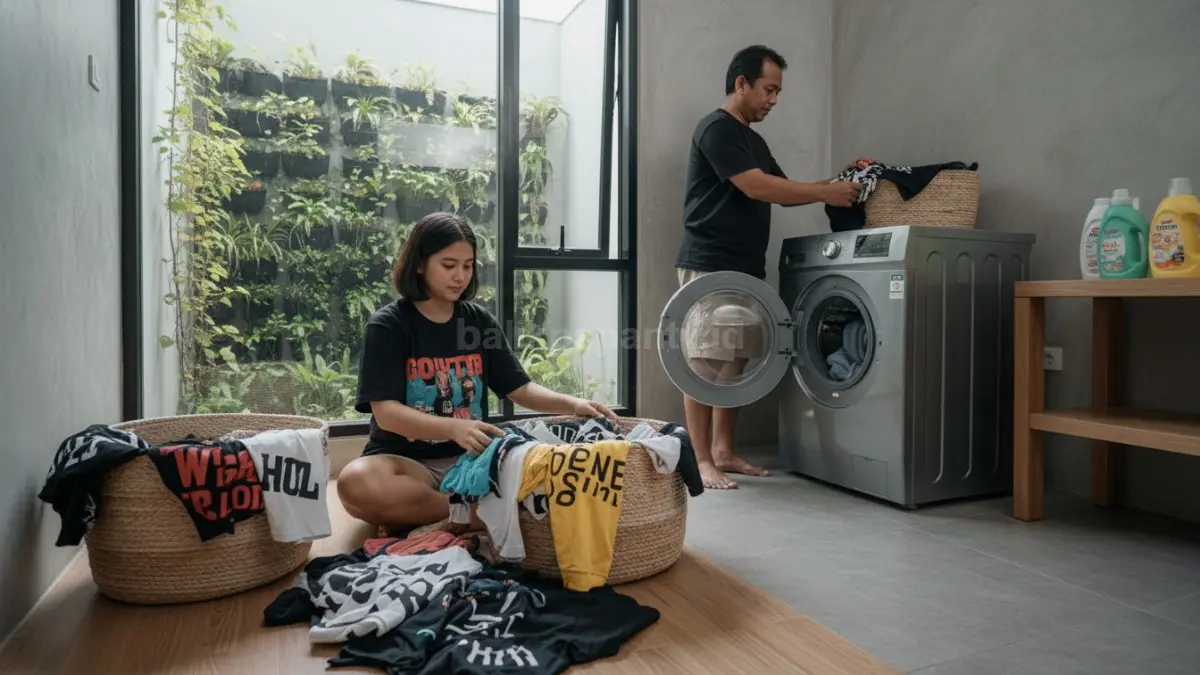 Warga Balikpapan memisahkan pakaian sablon sebelum memasukkan ke mesin cuci rumah
