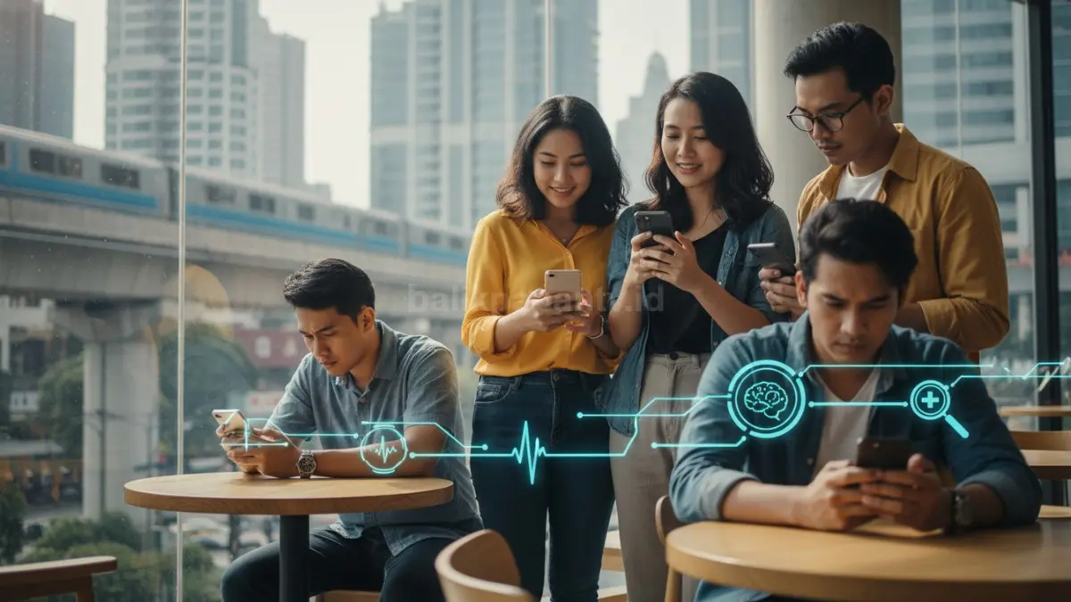 Anak muda urban mencari gejala kesehatan lewat ponsel sebelum konsultasi dokter karena akses informasi cepat (BTV/AI) 
