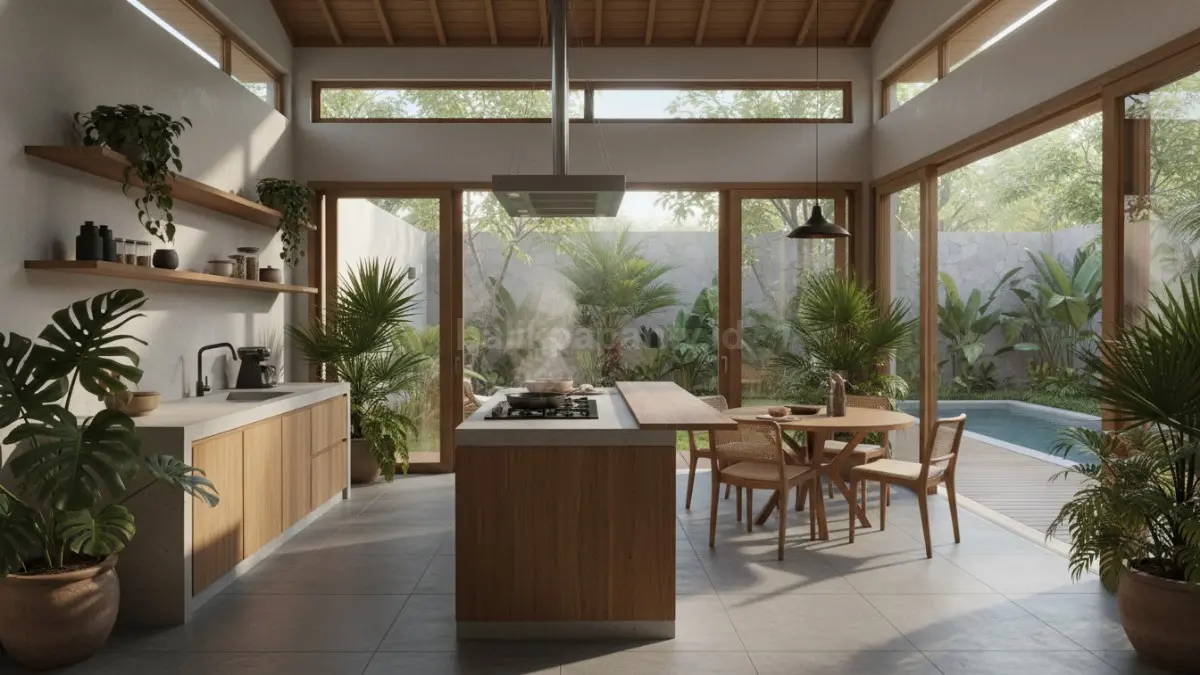 Area dapur semi outdoor dengan pintu kaca besar menghadap taman hijau. (BTV/Ai)