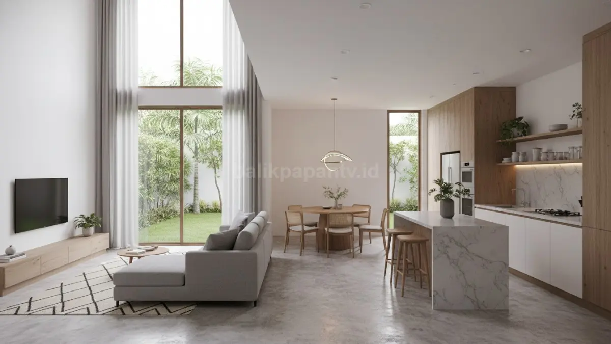 Area makan minimalis menyatu dengan dapur modern di rumah compact 2026. (BTV/Ai)