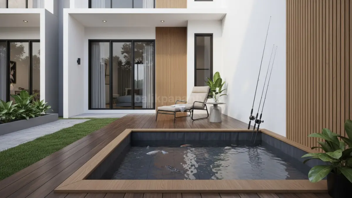 Area mancing rumahan minimalis dengan kolam portable dan kursi santai di teras rumah modern
