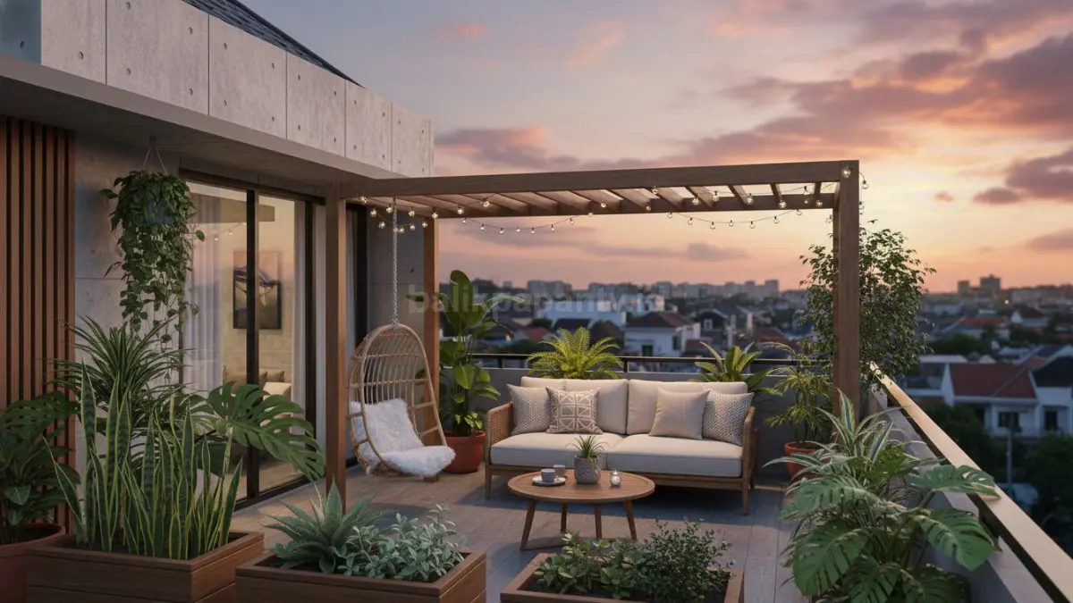 Area rooftop rumah mungil memakai tanaman tropis dan kursi santai minimalis modern. (BTV/Ai)
