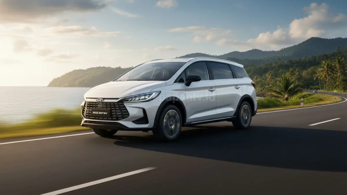 BYD M6 Cross DM-i tampil dengan desain crossover hybrid plug-in modern dan fleksibel untuk perjalanan jauh. (BTV/Ai)