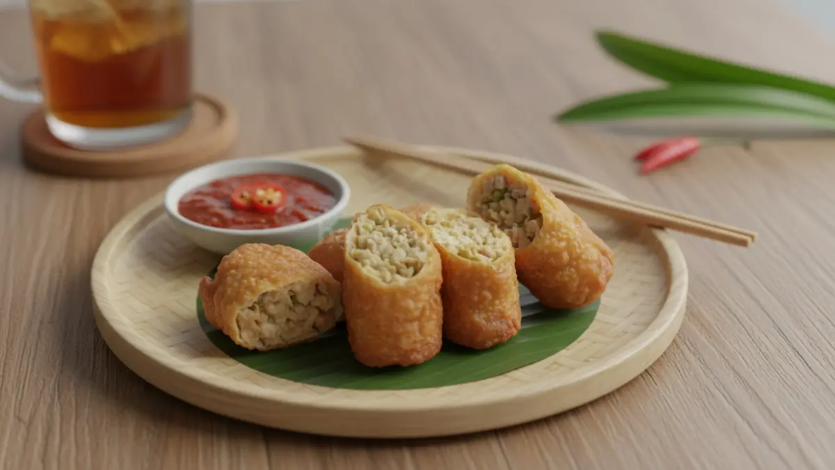 Chicken egg roll menjadi menu ringan mengenyangkan yang cocok dinikmati saat makan santai bersama teman.