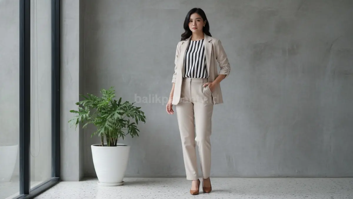 Contoh outfit stripe vertikal dengan blazer netral untuk tampilan semi-formal.