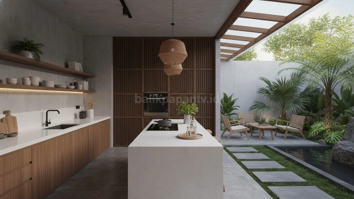 Dapur terbuka modern menyatu dengan taman kecil bernuansa tropis dan terang alami. (BTV/Ai)