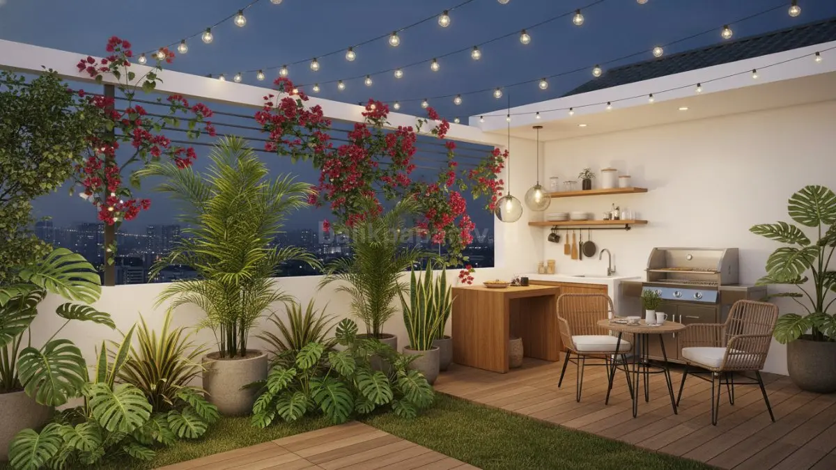 Desain rooftop garden dengan tanaman berbagai macam untuk ruang kumpul keluarga lebih nyaman