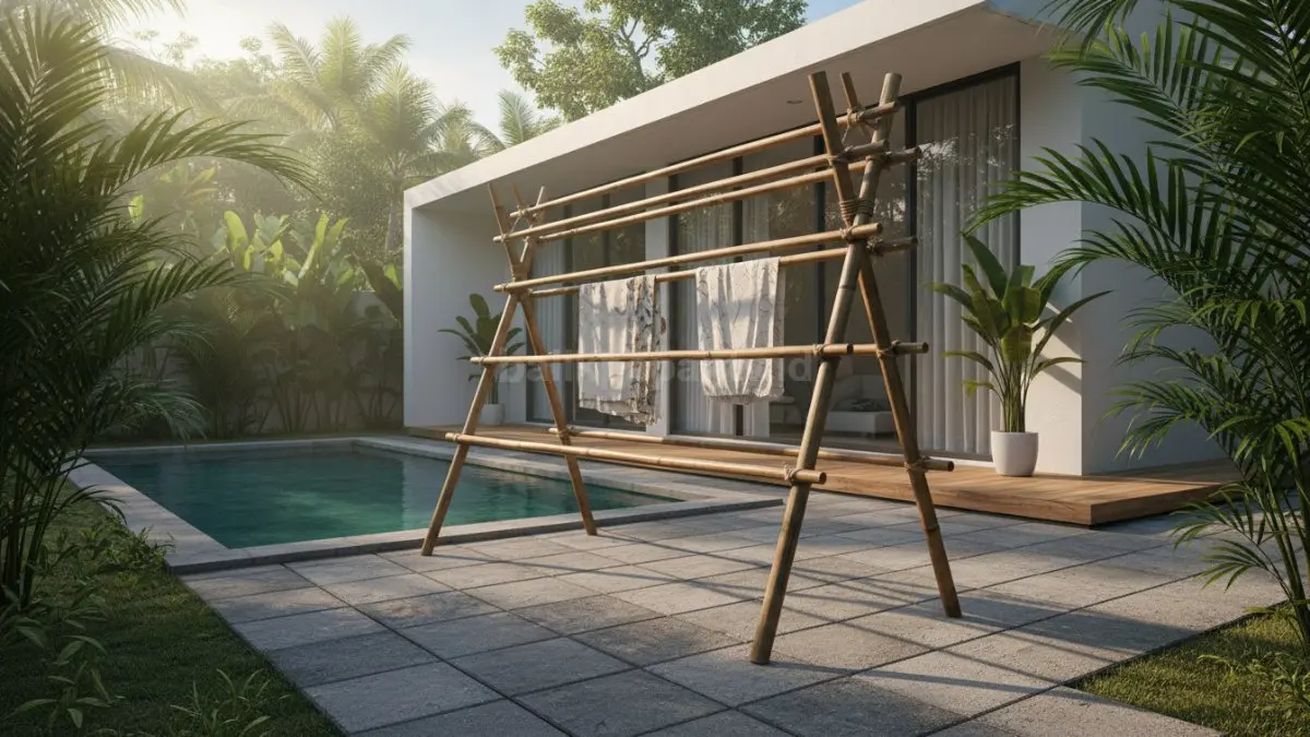 DIY jemuran bambu berdiri di halaman rumah tropis dengan pencahayaan matahari pagi
