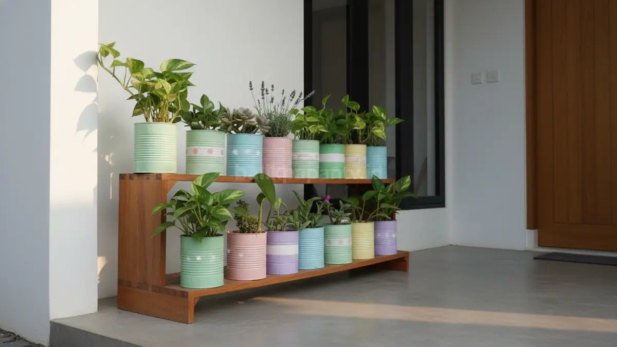 DIY pot tanaman dari kaleng bekas warna pastel menghiasi teras rumah minimalis modern
