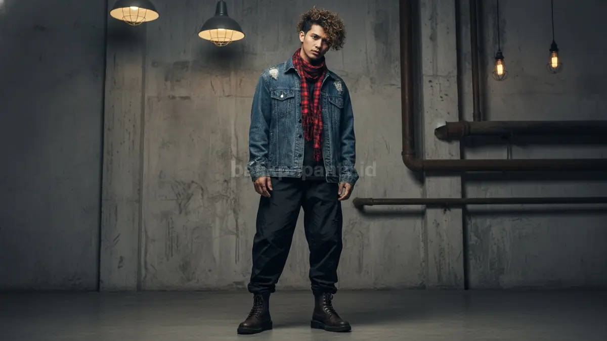 Gaya edgy memakai baggy pants dengan jaket denim dan boots pendek.