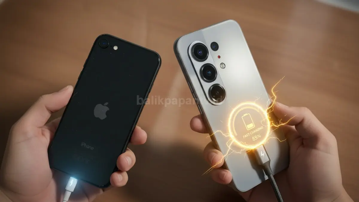 Ilustrasi pengisian daya cepat Android baru dibanding iPhone second yang lebih lambat. (BTV/Ai)
