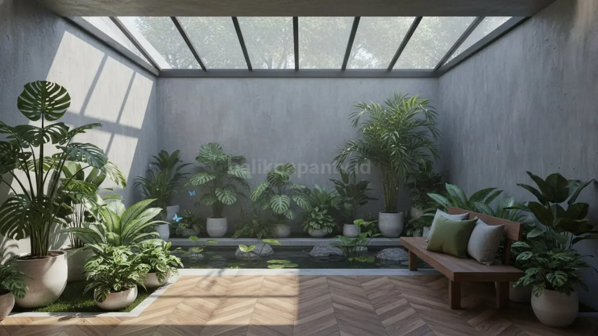 Inner garden minimalis di tengah rumah modern dengan cahaya alami dan tanaman indoor yang bikin suasana adem. (BTV/Ai)
