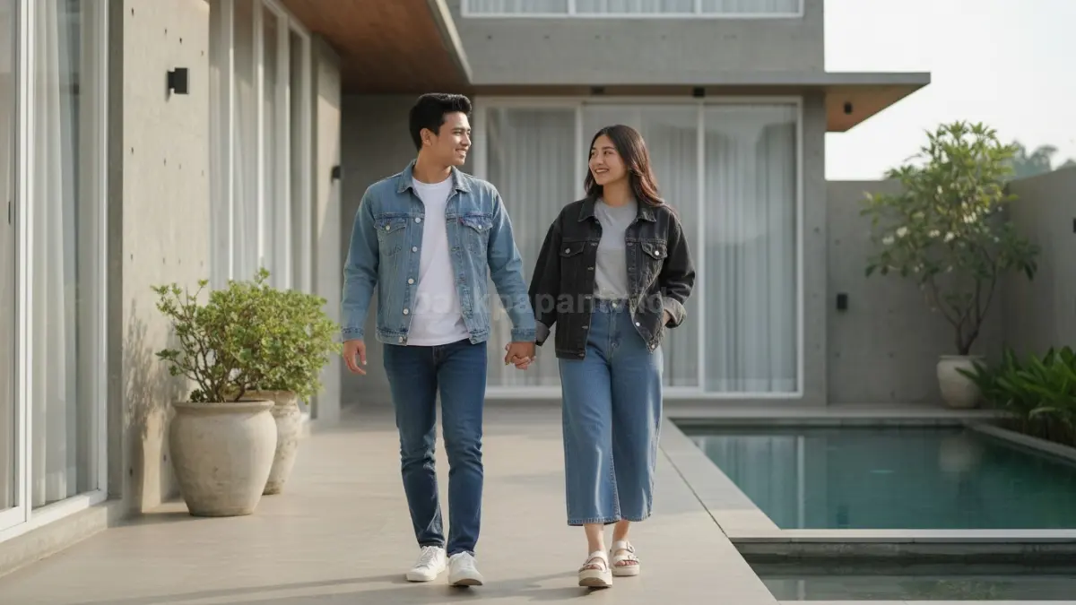 Inspirasi fashion couple look santai dengan kombinasi denim dan kaos polos modern
