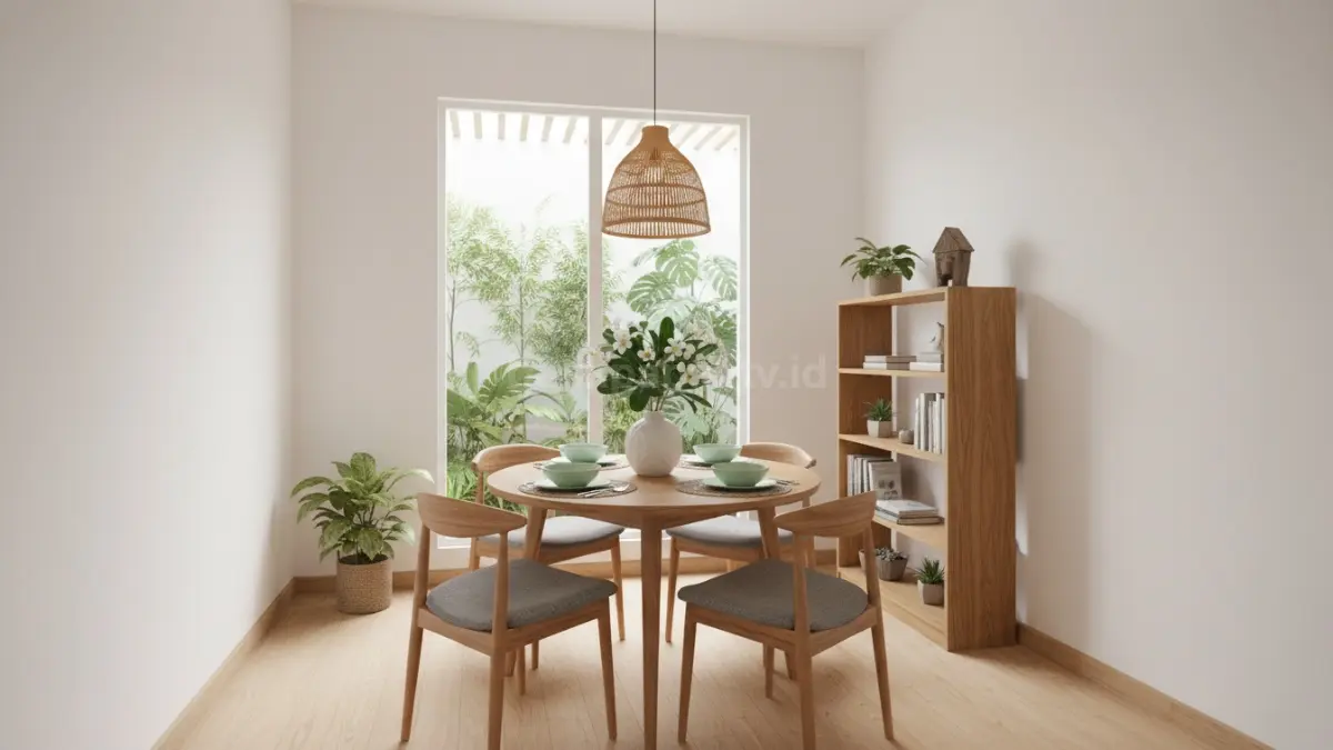 Inspirasi ruang makan kecil modern membuat rumah terasa lebih lapang, rapi, nyaman, dan fungsional setiap hari. (BTV/AI)