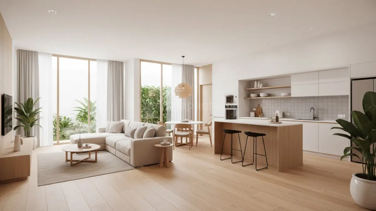 Interior rumah open space modern dengan ruang tamu dan dapur menyatu terasa luas dan hangat. (BTV/Ai)