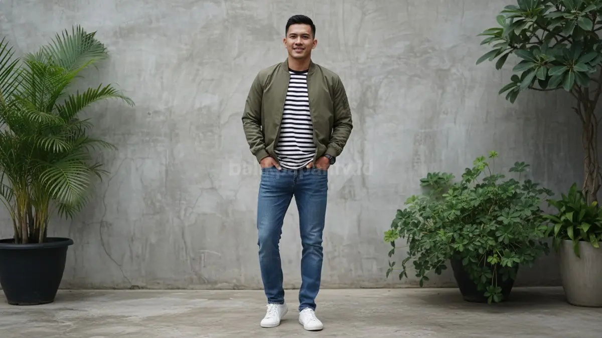 Kaos garis-garis dipadukan jeans polos dan outerwear simpel untuk gaya santai modern.