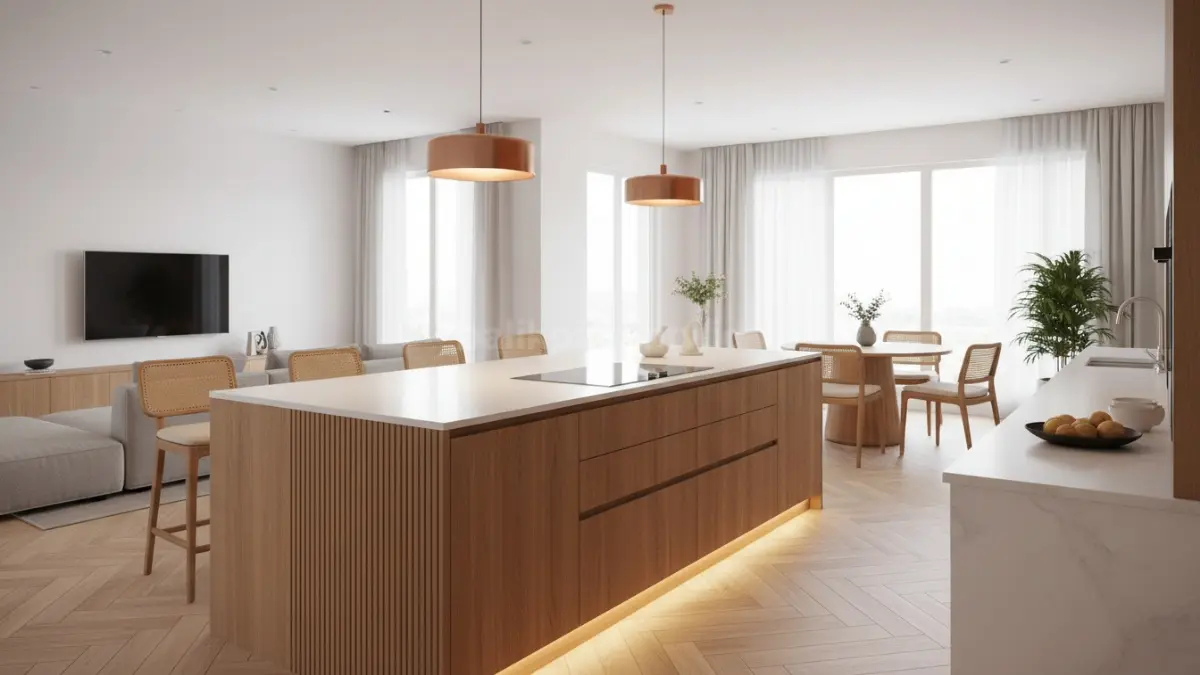 Kitchen island modern dengan hidden storage dan pencahayaan hangat untuk dapur open space estetik 2026 (BTV/Ai)