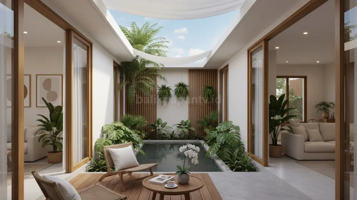 Kolam kecil minimalis di halaman rumah modern bernuansa vila tropis. (BTV/Ai)