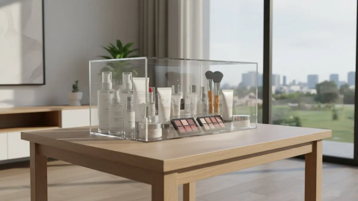 Kotak akrilik transparan berisi skincare dan makeup tersusun rapi di meja minimalis modern
