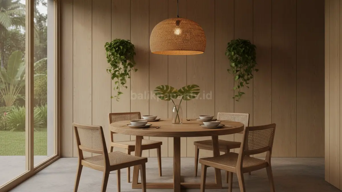 Lampu gantung di atas meja memberi fokus visual, membuat ruang makan kecil terasa hangat dan berkarakter. (BTV/AI)