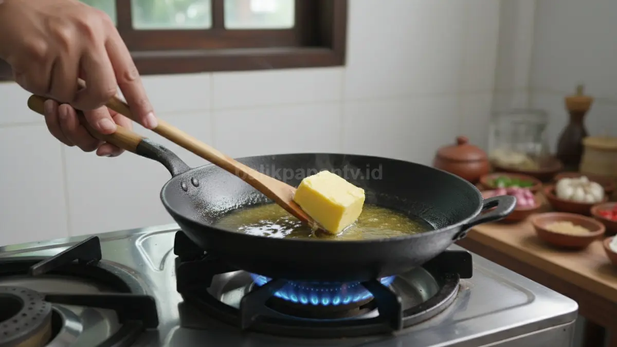 Lelehkan butter menggunakan api sedang agar aroma harum keluar dan rasa tetap lembut sempurna. (BTV/AI) 
