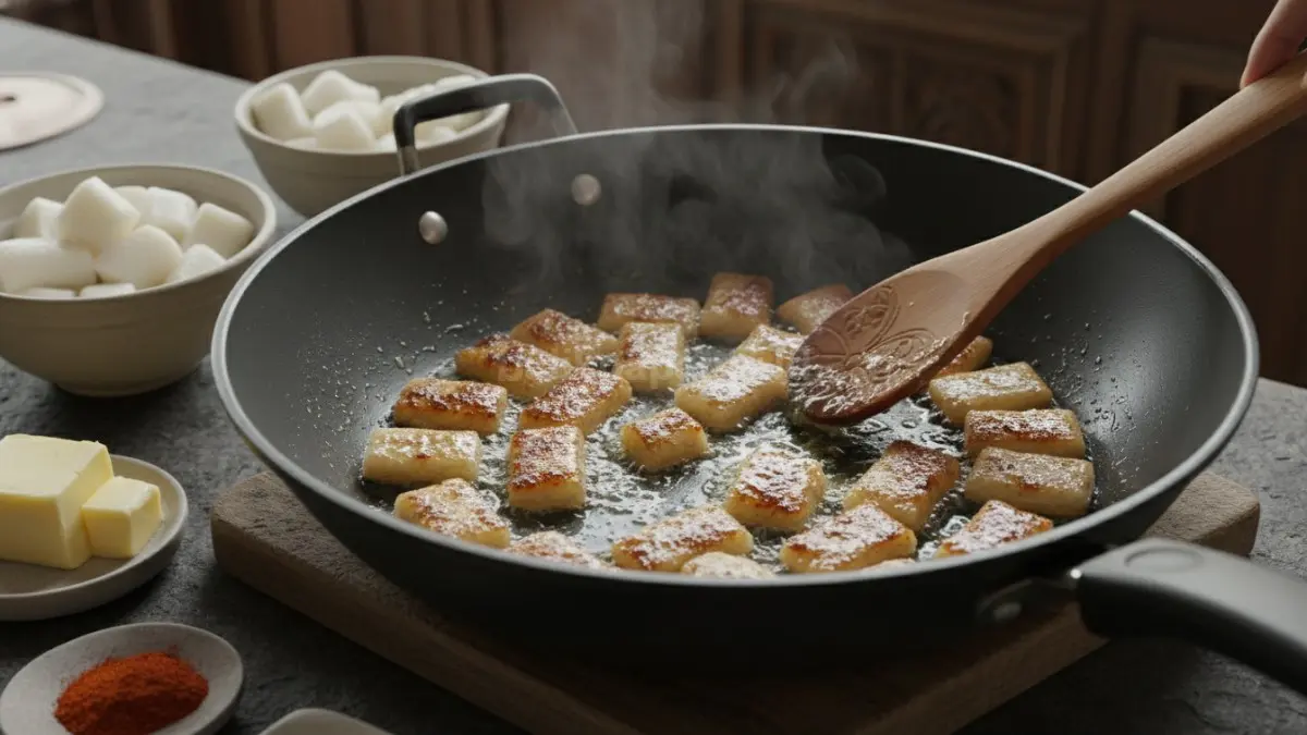 Masukkan tteok lalu aduk perlahan hingga permukaannya berubah kecokelatan dan aroma butter semakin harum. (BTV/AI) 
