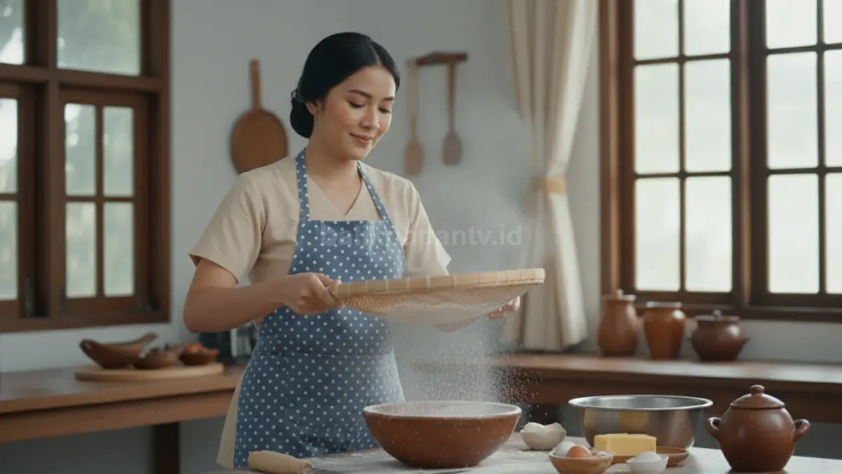 Mengayak tepung membuat adonan lebih halus, lembut, dan mencegah tekstur pancake bergerindil saat dimasak.(BTV/AI)
