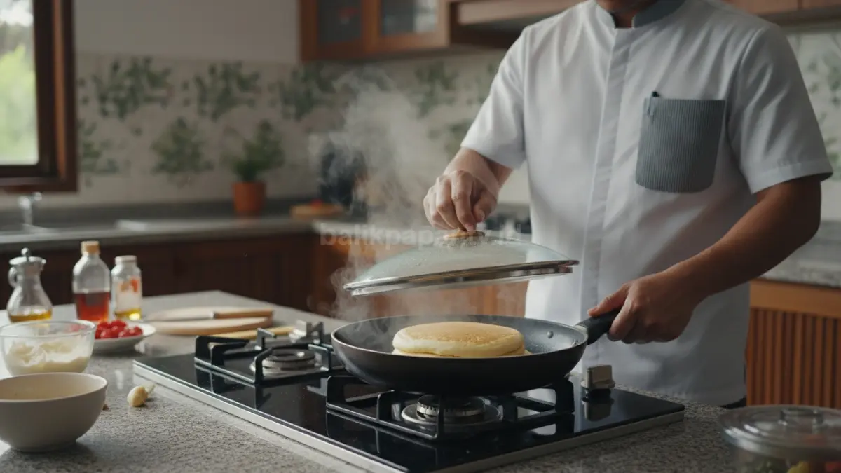 Menutup pan saat memasak membantu uap bekerja sehingga pancake mengembang lebih lembut dan maksimal.
