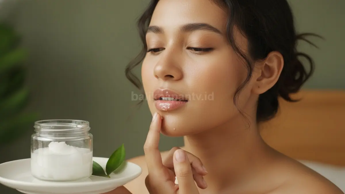 Minyak kelapa dioles pada bibir sebelum tidur untuk menjaga kelembapan alami.