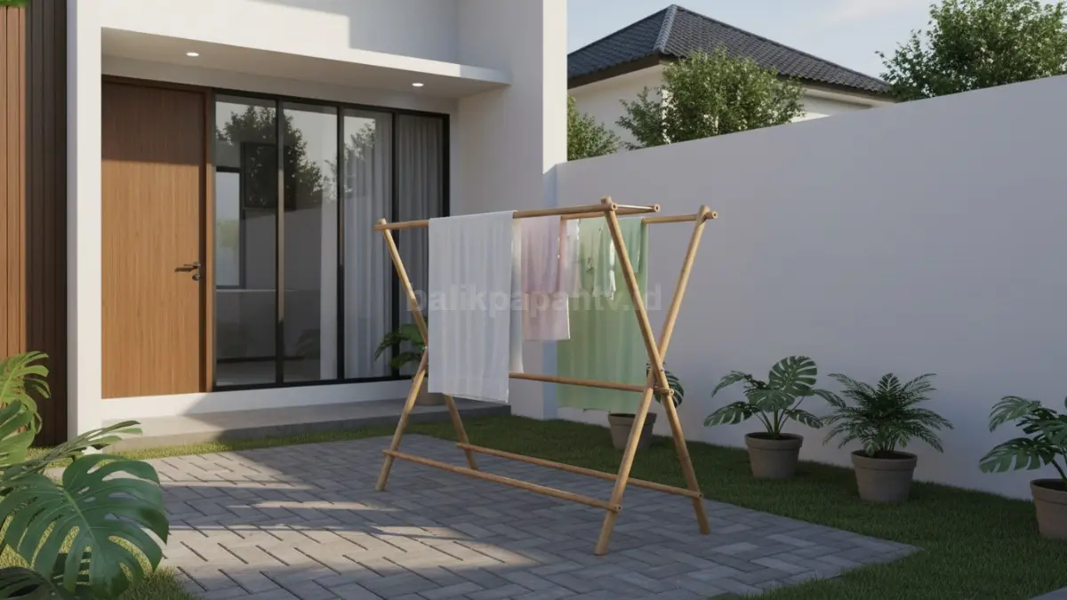 Model jemuran bambu lipat untuk rumah kecil dengan halaman sempit
