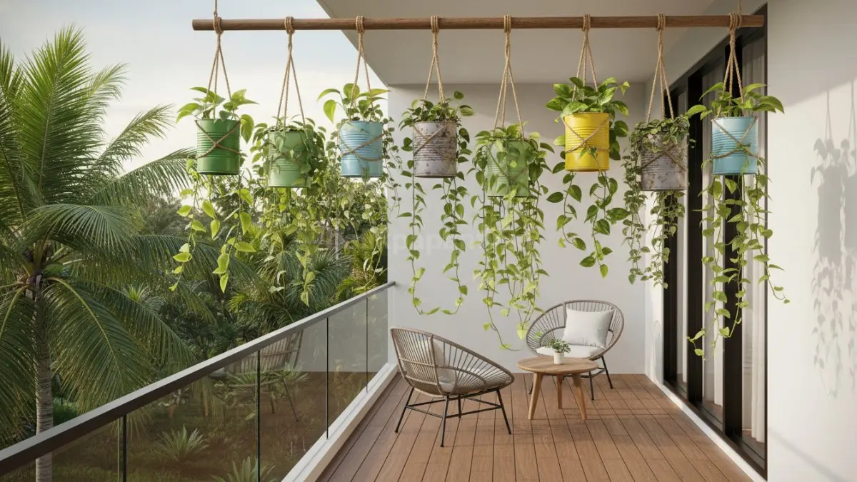 Model pot gantung dari kaleng bekas dengan tali rami untuk balkon rumah tropis
