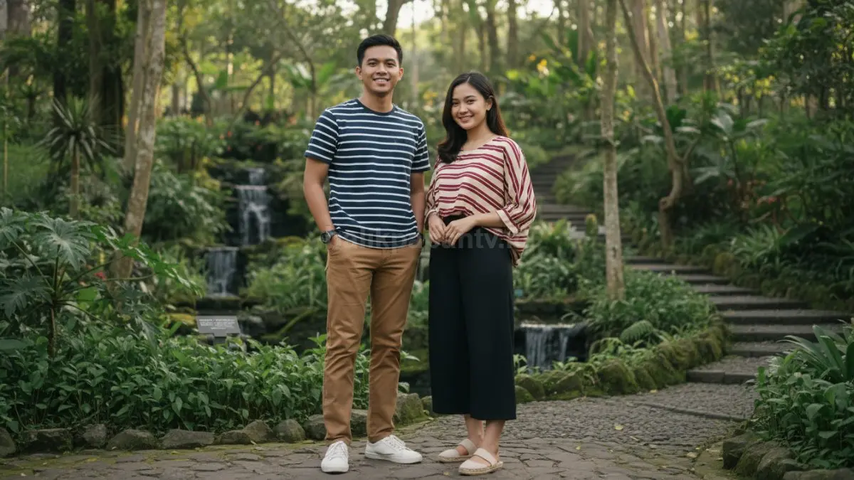 Padu padan baju garis horizontal dan celana polos untuk gaya kasual harian.
