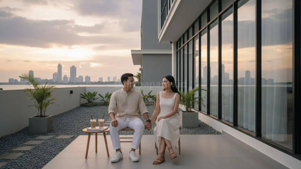 Pasangan muda memakai outfit couple look minimalis warna netral saat nongkrong sore di Balikpapan
