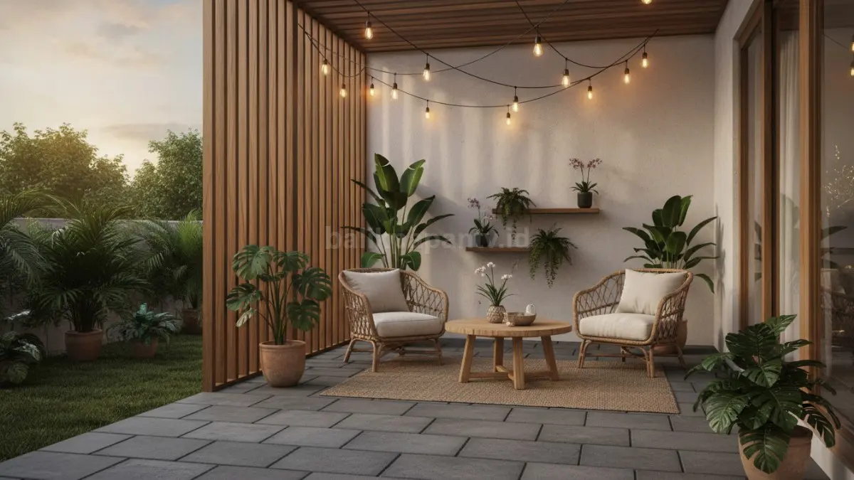 Patio rumah minimalis dengan kursi rotan, lampu warm, dan tanaman tropis bikin suasana adem dan nyaman (BTV/Ai)