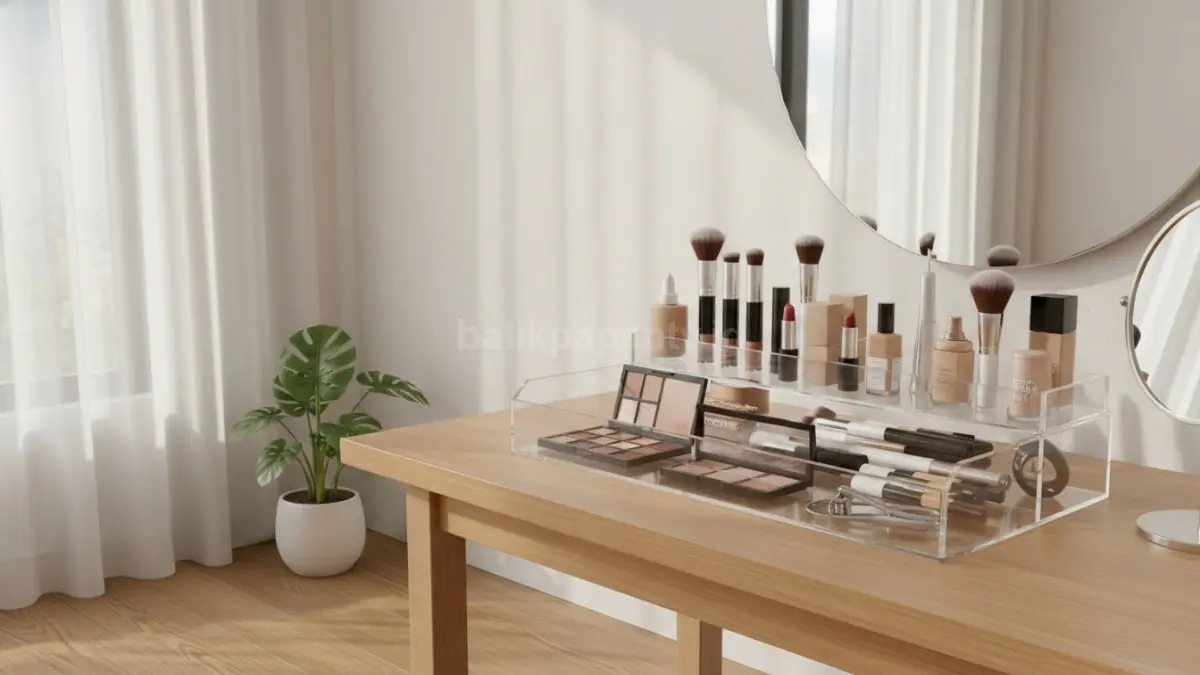 Penataan makeup harian memakai kotak akrilik transparan dengan konsep clean aesthetic
