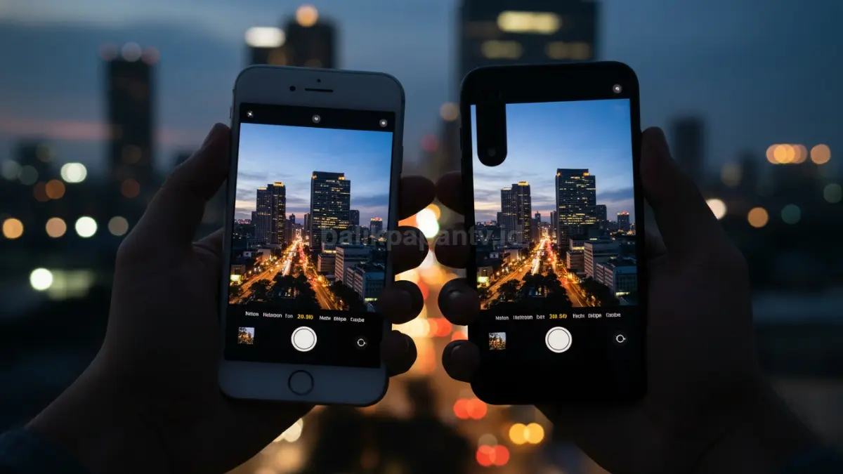 Pengguna mencoba kamera mode malam Android 3 jutaan yang mulai menyaingi iPhone lawas.(BTV/Ai)
