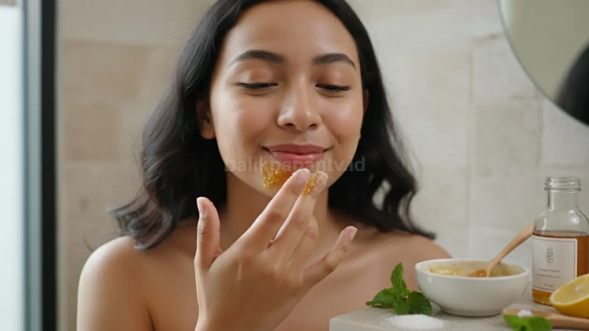 Perawatan bibir hitam menggunakan scrub madu dan gula untuk mengangkat sel kulit mati.