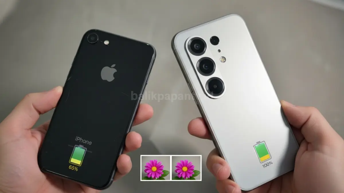 Perbandingan iPhone XR second dan Android baru Tecno Camon 50 di tahun 2026 dengan fokus baterai dan kamera. (BTV/Ai)