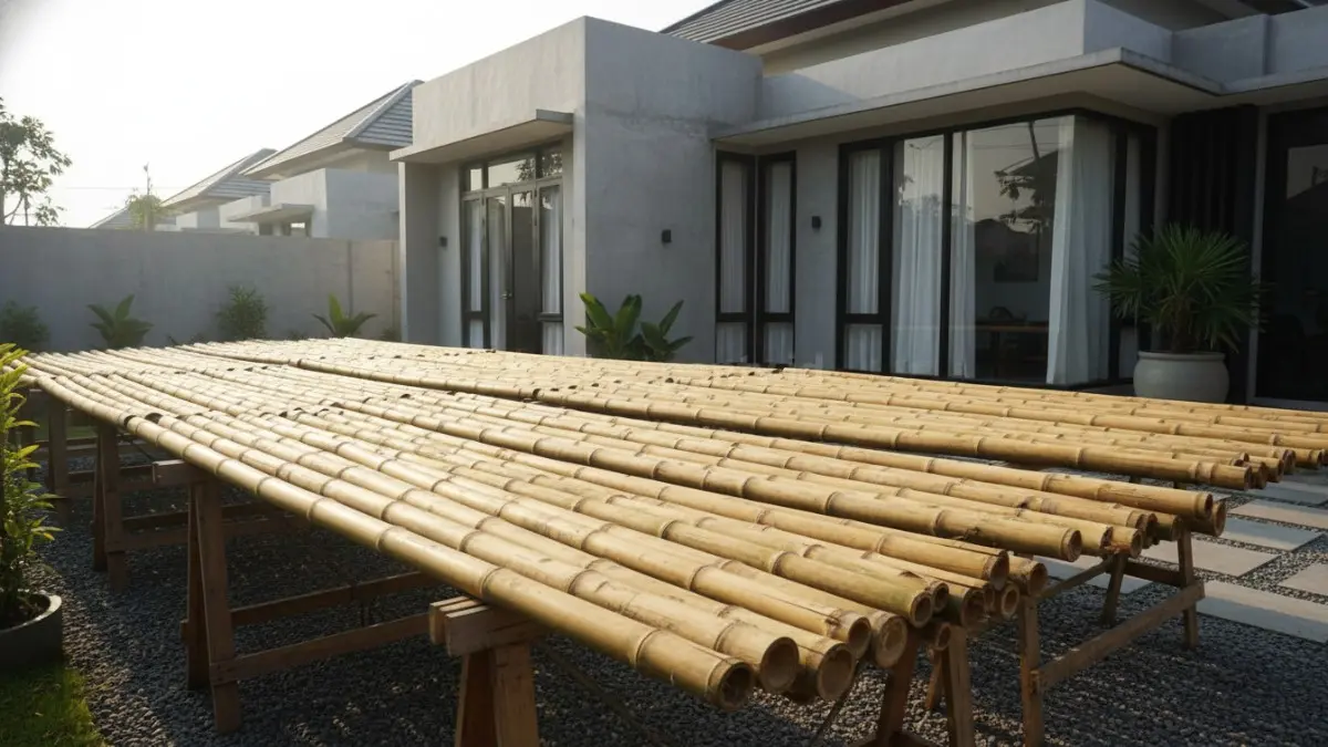 Proses pengeringan batang bambu sebelum dirakit jadi jemuran rumah
