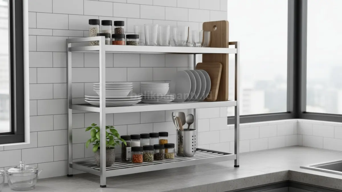 Rak dapur stainless dengan organizer bertingkat untuk rumah compact masa kini
