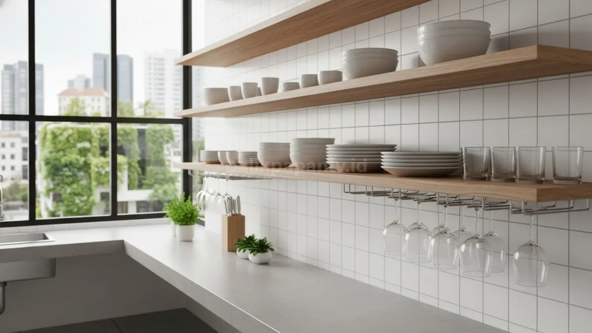 Rak piring dapur minimalis dengan susunan piring dan gelas rapi bikin ruangan terasa lega
