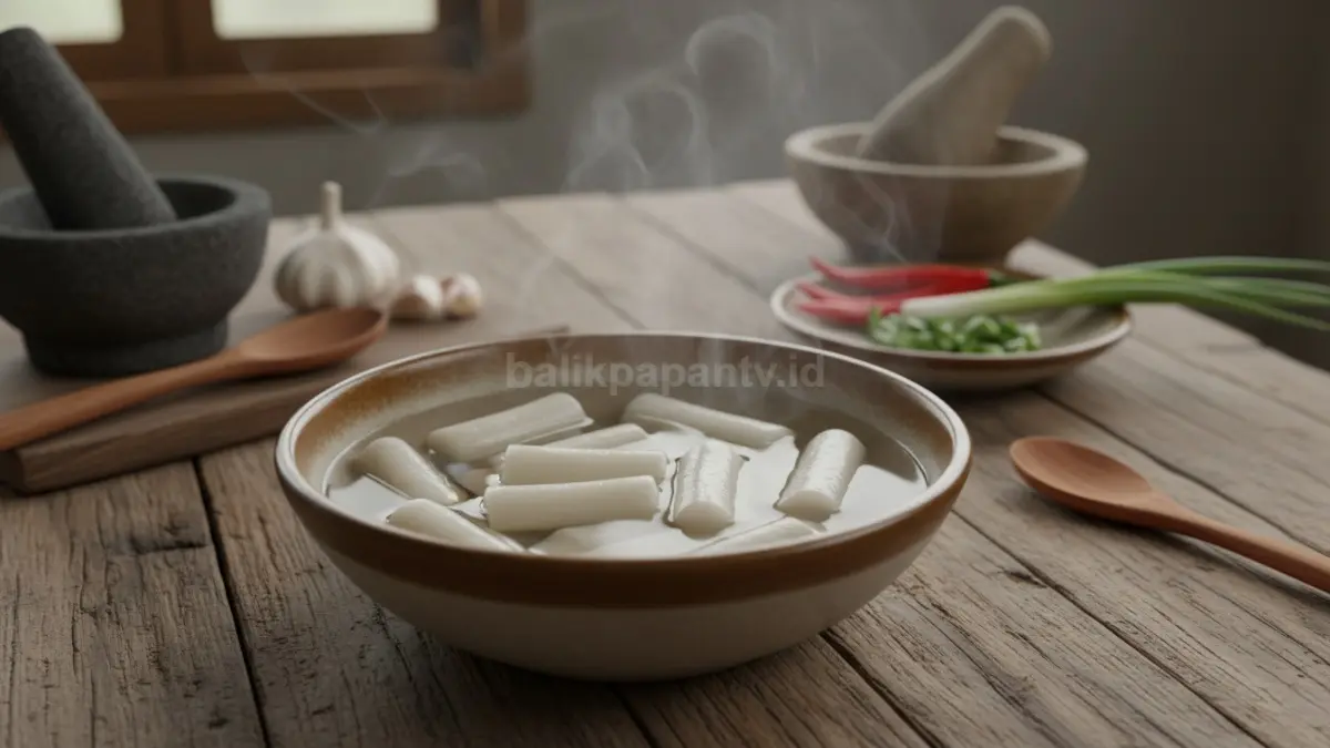 Rendam tteok memakai air hangat sekitar sepuluh menit supaya teksturnya kembali lembut dan kenyal. (BTV/AI) 
