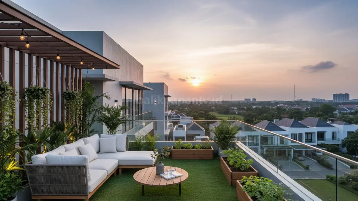 Rooftop garden rumah minimalis modern dengan lampu hangat dan area santai keluarga saat malam hari. (BTV/Ai)