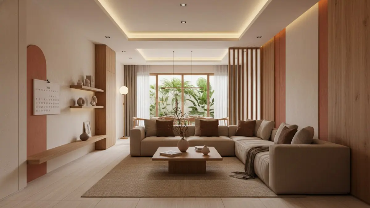 Ruang keluarga minimalis bernuansa hotel dengan furnitur natural dan lampu warm white. (BTV/Ai)